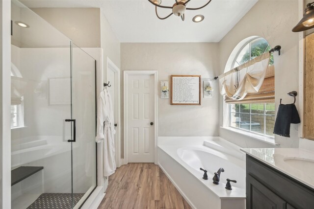 389 Meadow Hill Rd, Fort Worth, TX 76108 - bathroom featuring healthy amount of natural light, a shower stall, a garden tub, a chandelier, and recessed lighting