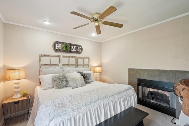389 Meadow Hill Rd, Fort Worth, TX 76108 - carpeted bedroom featuring crown molding, ceiling fan, recessed lighting, and a tiled fireplace