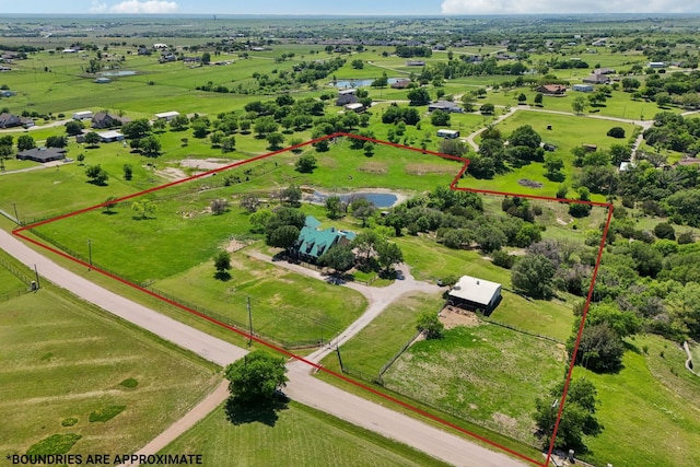 389 Meadow Hill Rd, Fort Worth, TX 76108 - aerial view of sparsely populated area with property parcel outlined and a large body of water