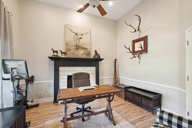 389 Meadow Hill Rd, Fort Worth, TX 76108 - office space featuring a ceiling fan, light wood-style floors, a fireplace, baseboards, and recessed lighting