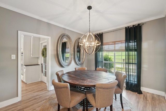 389 Meadow Hill Rd, Fort Worth, TX 76108 - dining area with baseboards, a chandelier, ornamental molding, and light wood-type flooring