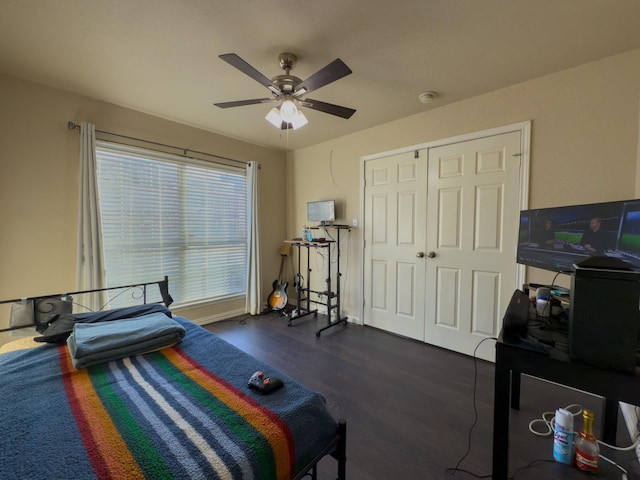 5828 Giddyup Ln, Fort Worth, TX 76179 - bedroom with a closet, a ceiling fan, and dark wood-style flooring