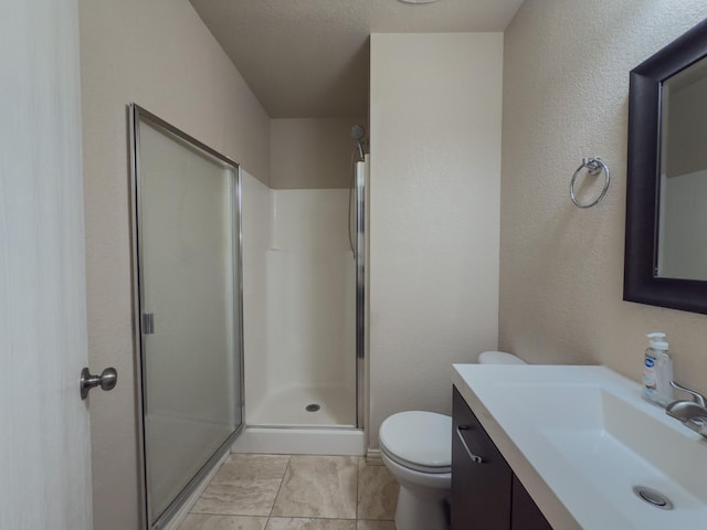 5828 Giddyup Ln, Fort Worth, TX 76179 - full bathroom with vanity, toilet, a textured wall, and a stall shower