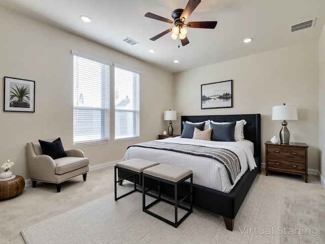 2232 Heaton St, Forney, TX 75126 - bedroom with light colored carpet, baseboards, recessed lighting, and ceiling fan