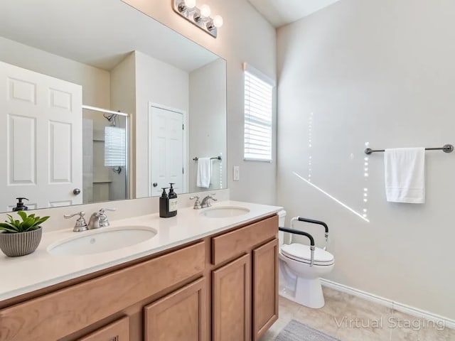 2232 Heaton St, Forney, TX 75126 - bathroom featuring double vanity, a shower, toilet, tile patterned flooring, and baseboards