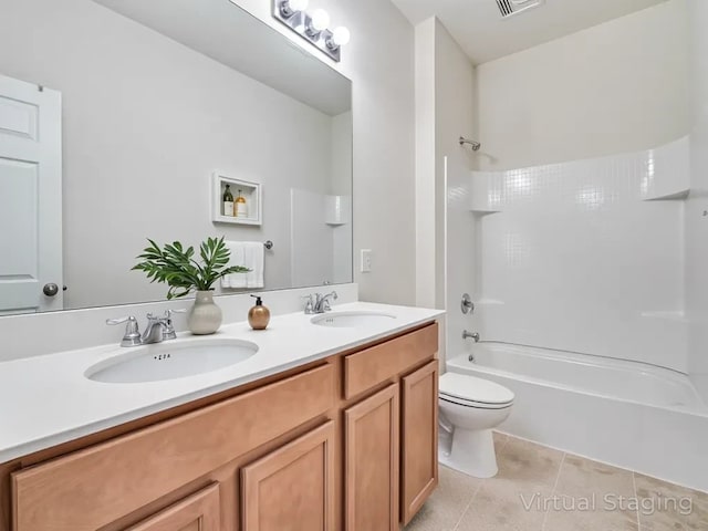 2232 Heaton St, Forney, TX 75126 - bathroom featuring toilet, double vanity, tile patterned floors, and shower / bath combination