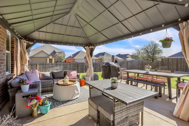 1380 Levi Ln, Forney, TX 75126 - view of patio / terrace featuring outdoor dining space, a fenced backyard, a gazebo, grilling area, and an outdoor hangout area