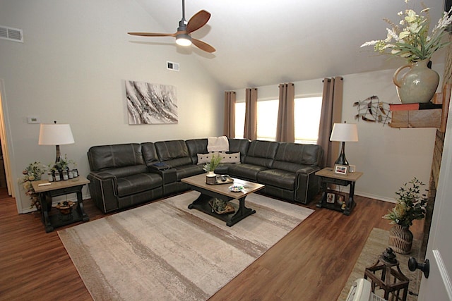 510 Canary Ln, Red Oak, TX 75154 - living area with ceiling fan, dark wood-style floors, baseboards, and high vaulted ceiling