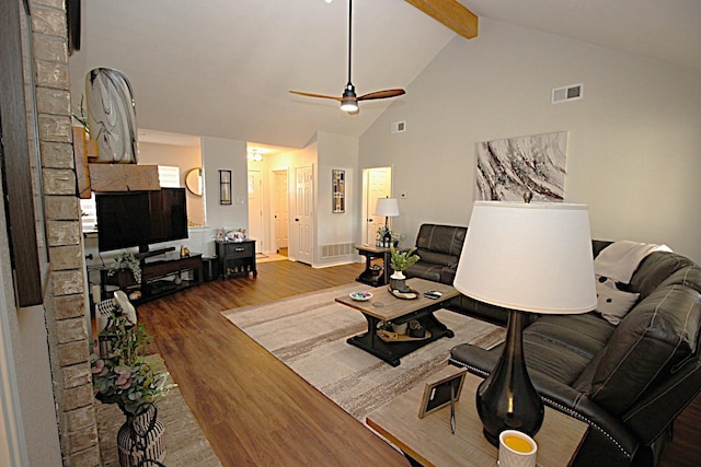 510 Canary Ln, Red Oak, TX 75154 - living area with wood finished floors, beam ceiling, high vaulted ceiling, ceiling fan, and baseboards