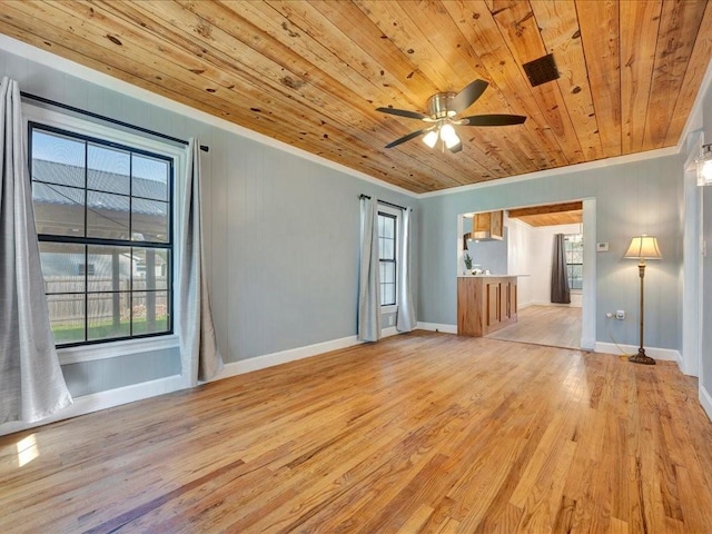 1402 Murphy Ave, Lufkin, TX 75904 - unfurnished living room featuring crown molding, light wood-style flooring, wooden ceiling, healthy amount of natural light, and a ceiling fan