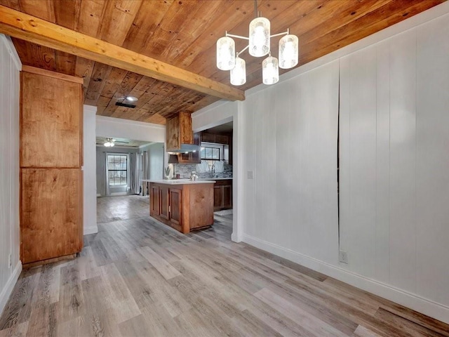 1402 Murphy Ave, Lufkin, TX 75904 - kitchen featuring wooden ceiling, light wood-style floors, light countertops, baseboards, and beam ceiling