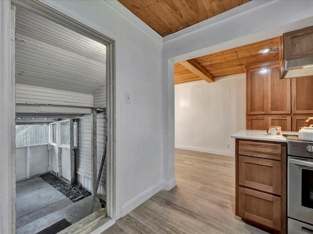 1402 Murphy Ave, Lufkin, TX 75904 - kitchen with wood ceiling, electric stove, light wood-style floors, baseboards, and light countertops