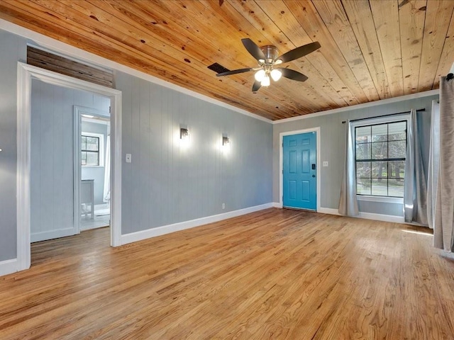 1402 Murphy Ave, Lufkin, TX 75904 - spare room featuring wooden ceiling, crown molding, light wood-type flooring, a ceiling fan, and baseboards