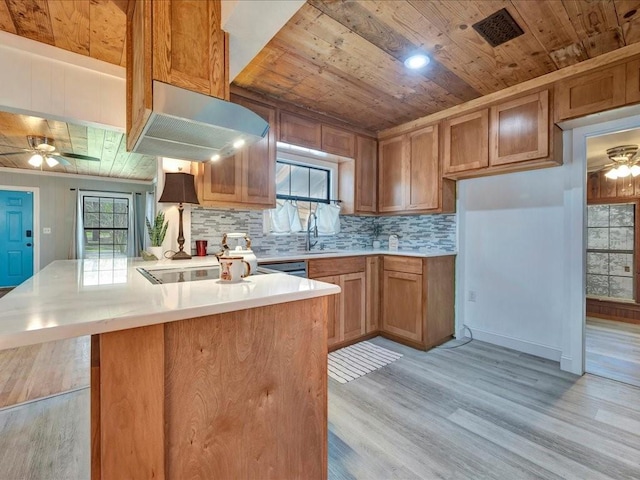 1402 Murphy Ave, Lufkin, TX 75904 - kitchen with wooden ceiling, ceiling fan, light countertops, tasteful backsplash, and light wood finished floors