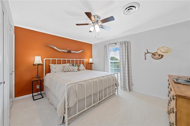 2522 S Robinson Dr, Robinson, TX 76706 - carpeted bedroom with visible vents, baseboards, ceiling fan, and crown molding