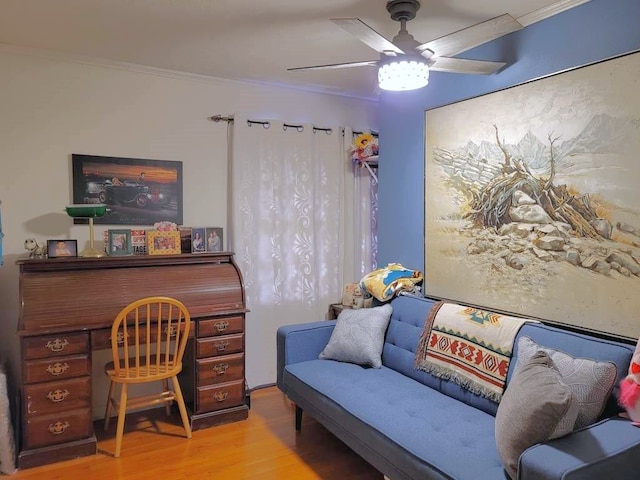 3833 Huaco Ln, Waco, TX 76710 - office area with light wood-style flooring, a ceiling fan, and ornamental molding
