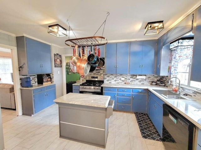 3833 Huaco Ln, Waco, TX 76710 - kitchen with blue cabinetry, stainless steel gas range, black dishwasher, a sink, and crown molding
