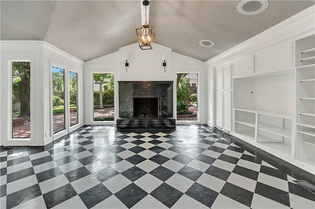 3720 Herwol Ave, Waco, TX 76710 - unfurnished living room with a fireplace, lofted ceiling, and dark floors