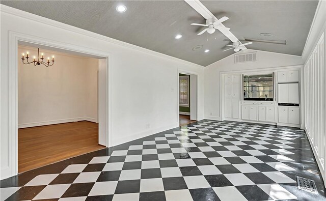 3720 Herwol Ave, Waco, TX 76710 - unfurnished living room with lofted ceiling with beams, visible vents, dark floors, and ceiling fan with notable chandelier