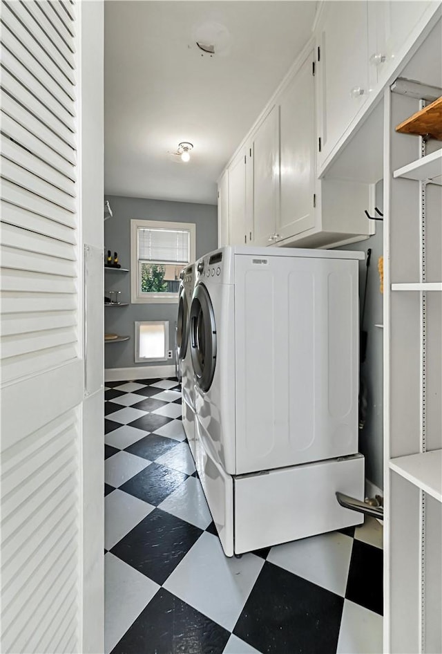 3720 Herwol Ave, Waco, TX 76710 - laundry room featuring cabinet space, washing machine and dryer, baseboards, and dark floors