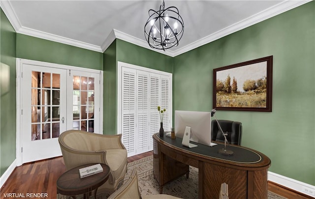 3720 Herwol Ave, Waco, TX 76710 - home office with crown molding, an inviting chandelier, and wood finished floors