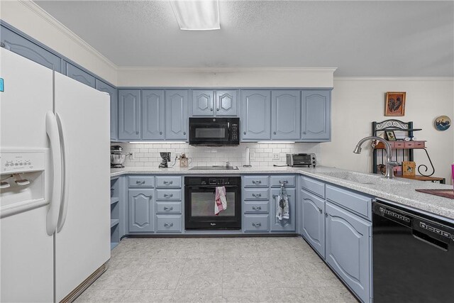 158 Old Tokio Rd, West, TX 76691 - kitchen featuring black appliances, crown molding, backsplash, and light countertops