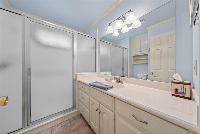 158 Old Tokio Rd, West, TX 76691 - bathroom with vanity, visible vents, ornamental molding, tile patterned flooring, and a shower stall