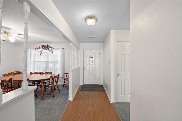 158 Old Tokio Rd, West, TX 76691 - foyer entrance featuring visible vents, dark carpet, baseboards, ceiling fan, and dark wood-style flooring