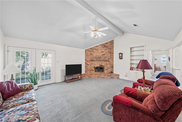 158 Old Tokio Rd, West, TX 76691 - living room featuring visible vents, vaulted ceiling with beams, carpet, french doors, and a ceiling fan