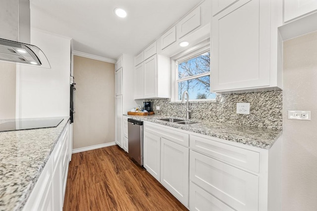 kitchen with ornamental molding, decorative backsplash, a sink, dishwasher, and exhaust hood