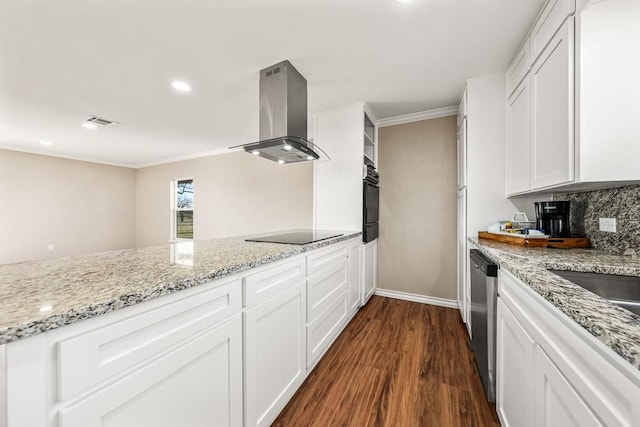 kitchen featuring dark wood-type flooring, black appliances, ornamental molding, backsplash, and ventilation hood