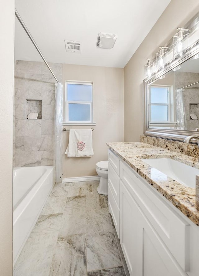 bathroom with visible vents, shower / bathtub combination with curtain, toilet, marble finish floor, and vanity