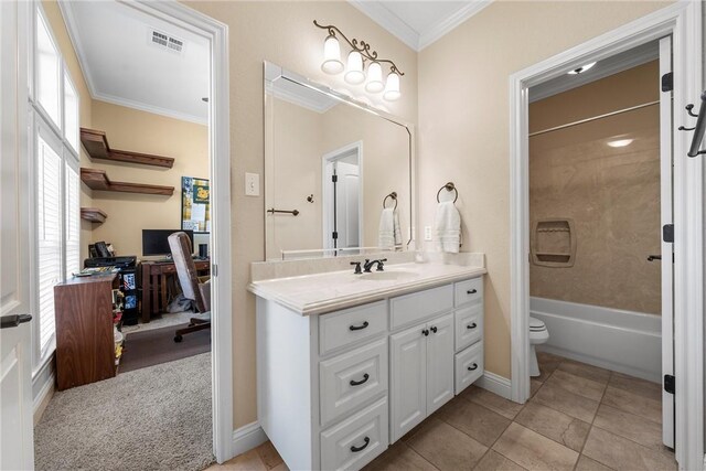 full bathroom featuring tile patterned flooring, vanity, toilet, ornamental molding, and visible vents