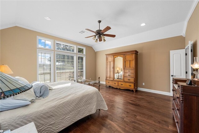 bedroom featuring baseboards, lofted ceiling, and visible vents