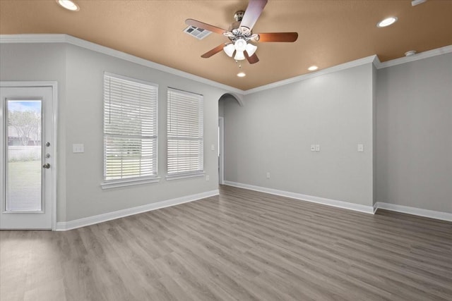 187 Ashland Dr, Woodway, TX 76712 - unfurnished living room featuring a ceiling fan, recessed lighting, ornamental molding, and wood finished floors
