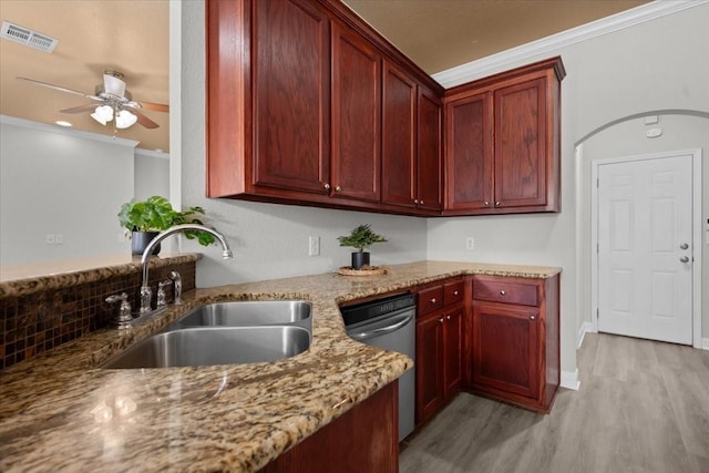 187 Ashland Dr, Woodway, TX 76712 - kitchen featuring stainless steel dishwasher, ornamental molding, dark brown cabinets, light wood-style floors, and a sink