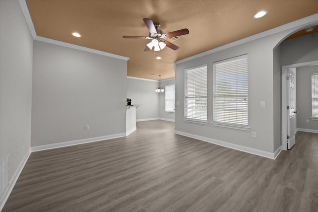 187 Ashland Dr, Woodway, TX 76712 - unfurnished living room with crown molding, ceiling fan, recessed lighting, baseboards, and dark wood-type flooring