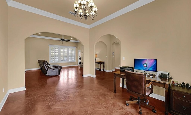304 Chamberly Rd, Waco, TX 76712 - office area with crown molding, arched walkways, baseboards, and visible vents