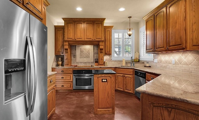 304 Chamberly Rd, Waco, TX 76712 - kitchen featuring concrete flooring, a sink, brown cabinetry, stainless steel appliances, and decorative backsplash