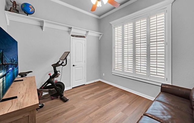 304 Chamberly Rd, Waco, TX 76712 - workout area with crown molding, a ceiling fan, wood finished floors, and a wealth of natural light
