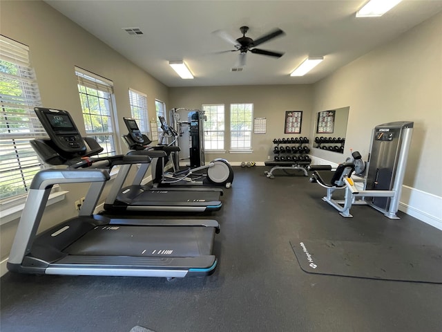 304 Chamberly Rd, Waco, TX 76712 - workout area featuring a healthy amount of sunlight, baseboards, ceiling fan, and visible vents