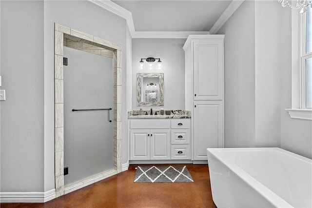bathroom featuring a shower stall, concrete floors, crown molding, a soaking tub, and vanity