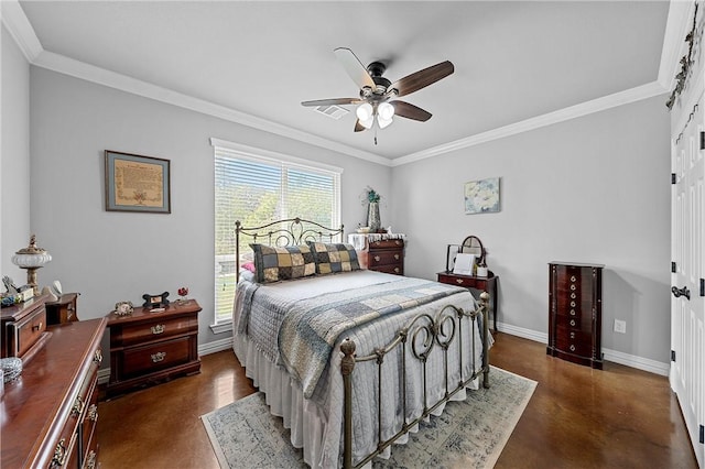 bedroom with ceiling fan, baseboards, concrete floors, and ornamental molding