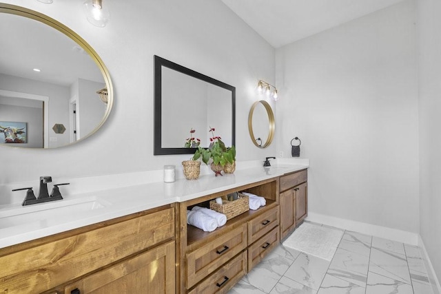 1215 Ropers Alley Rd, Belton, TX 76513 - full bath featuring double vanity, baseboards, marble finish floor, and a sink