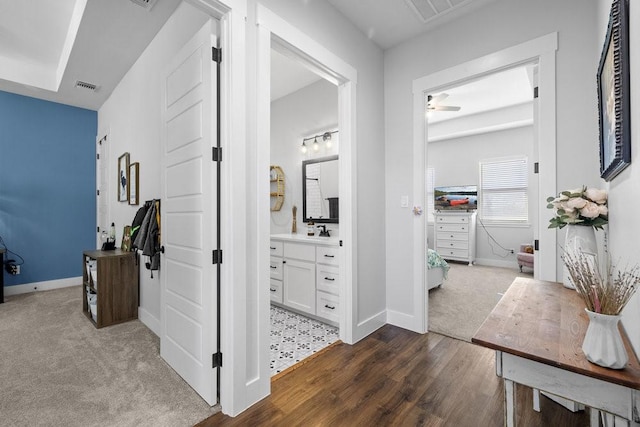 1215 Ropers Alley Rd, Belton, TX 76513 - hall with a sink, visible vents, baseboards, and dark carpet