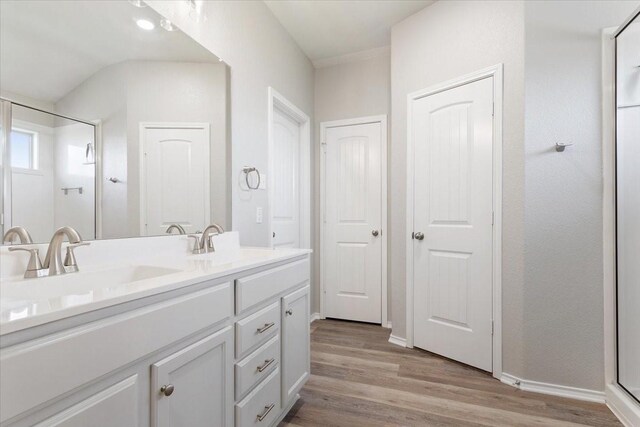 bathroom featuring double vanity, a sink, and wood finished floors