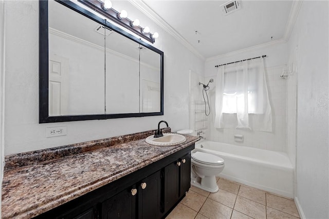 full bathroom featuring tile patterned flooring, visible vents, crown molding, toilet, and shower / bathing tub combination
