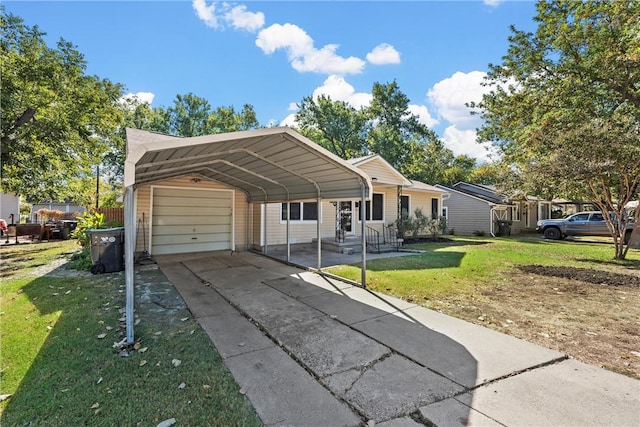 ranch-style house featuring driveway, an attached garage, and a front lawn