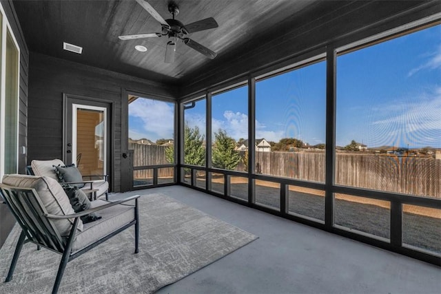 sunroom / solarium featuring a ceiling fan and visible vents