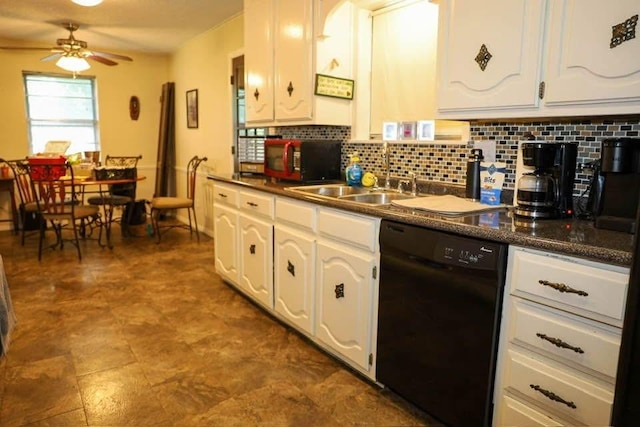 332 Crescent Dr, Hewitt, TX 76643 - kitchen featuring black appliances, tasteful backsplash, dark countertops, and white cabinetry